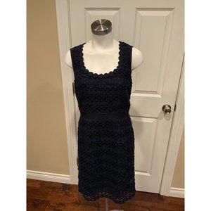 Tory Burch Navy Blue Geometric Lace Overlay Scoop Neck Dress, Size 6